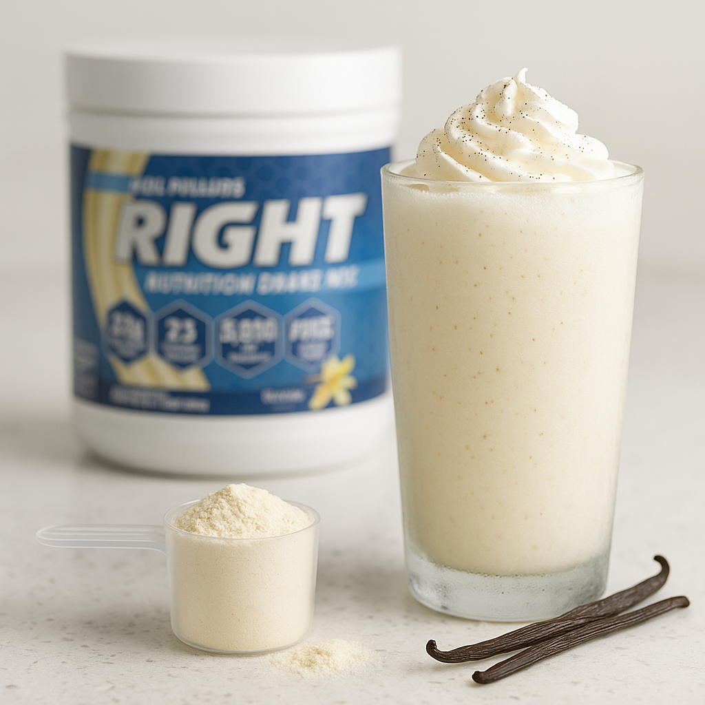 Glass of vanilla shake with protein powder container, scoop, and vanilla beans on a light surface.